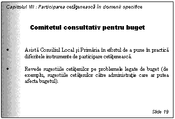 Text Box: Capitolul VII : Participarea cetateneasca in domenii specifice


Comitetul consultativ pentru buget


. Asista Consiliul Local si Primaria in efortul de a pune in practica diferitele instrumente de participare cetateneasca.

. Revede sugestiile cetatenilor pe problemele legate de buget (de exemplu, sugestiile cetatenilor catre administratie care ar putea afecta bugetul).




Slide 19
