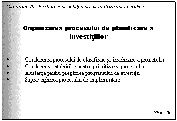 Text Box: Capitolul VII : Participarea cetateneasca in domenii specifice


Organizarea procesului de planificare a investitiilor


. Conducerea procesului de clasificare si ierarhizare a proiectelor. 
. Conducerea intalnirilor pentru prioritizarea proiectelor
. Asistenta pentru pregatirea programului de investitii 
. Supravegherea procesului de implementare




Slide 29
