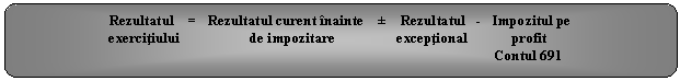 Rounded Rectangle: Rezultatul = Rezultatul curent inainte  Rezultatul - Impozitul pe
 exercitiului de impozitare exceptional profit
 Contul 691
