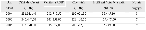 Text Box: An bilant Cifra de afaceri (RON) Venituri (RON) Cheltuieli (RON) Profit net / pierdere neta (RON) Numar angajati
2004 281.913,40 282.715,50 192.021,30 86.445,10 8
2005 340.448,00 341.858,00 226.156,00 105.447,00 7
2006 335.728,00 335.872,00 288.517,00 37.279,00 9
2007 302.395,00 302.571,00 239.073,00 57.447,00 8
2008 596.066,00 596.919,00 455.425,00 118.855,00 4
