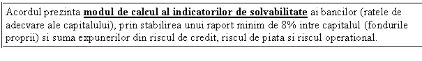 Text Box: Acordul prezinta modul de calcul al indicatorilor de solvabilitate ai bancilor (ratele de adecvare ale capitalului), prin stabilirea unui raport minim de 8% intre capitalul (fondurile proprii) si suma expunerilor din riscul de credit, riscul de piata si riscul operational.