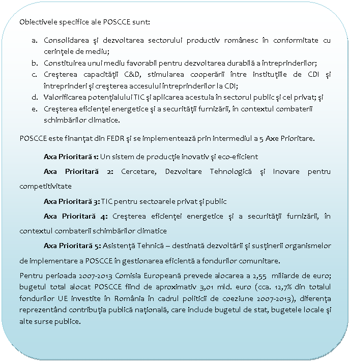 Flowchart: Alternate Process: Obiectivele specifice ale POSCCE sunt:
a. Consolidarea si dezvoltarea sectorului productiv romanesc in conformitate cu cerintele de mediu;
b. Constituirea unui mediu favorabil pentru dezvoltarea durabila a intreprinderilor;
c. Cresterea capacitatii C&D, stimularea cooperarii intre institutiile de CDI si intreprinderi si cresterea accesului intreprinderilor la CDI;
d. Valorificarea potentialului TIC si aplicarea acestuia in sectorul public si cel privat; si
e. Cresterea eficientei energetice si a securitatii furnizarii, in contextul combaterii schimbarilor climatice.
POSCCE este finantat din FEDR si se implementeaza prin intermediul a 5 Axe Prioritare.
 Axa Prioritara 1: Un sistem de productie inovativ si eco-eficient
 Axa Prioritara 2: Cercetare, Dezvoltare Tehnologica si Inovare pentru competitivitate
 Axa Prioritara 3: TIC pentru sectoarele privat si public
 Axa Prioritara 4: Cresterea eficientei energetice si a securitatii furnizarii, in contextul combaterii schimbarilor climatice
 Axa Prioritara 5: Asistenta Tehnica - destinata dezvoltarii si sustinerii organismelor de implementare a POSCCE in gestionarea eficienta a fondurilor comunitare. 
Pentru perioada 2007-2013 Comisia Europeana prevede alocarea a 2,55 miliarde de euro; bugetul total alocat POSCCE fiind de aproximativ 3,01 mld. euro (cca. 12,7% din totalul fondurilor UE investite in Romania in cadrul politicii de coeziune 2007-2013), diferenta reprezentand contributia publica nationala, care include bugetul de stat, bugetele locale si alte surse publice. 
