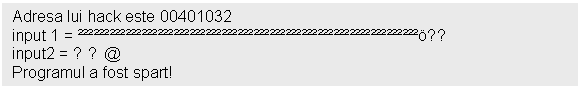 Text Box: Adresa lui hack este 00401032
input 1 = ■↕
input2 = ☼►@
Programul a fost spart!
