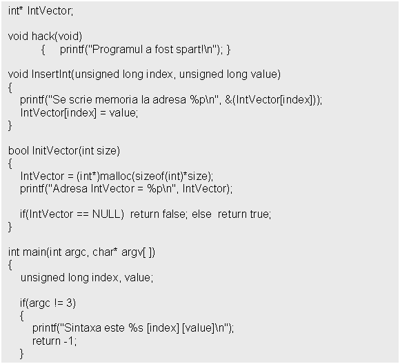 Text Box: int* IntVector;

void hack(void)


void InsertInt(unsigned long index, unsigned long value)


bool InitVector(int size)


int main(int argc, char* argv[ ])

