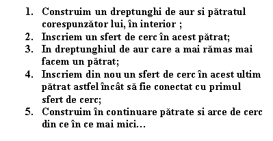 Text Box: 1. Construim un dreptunghi de aur si patratul corespunzator lui, in interior ;
2. Inscriem un sfert de cerc in acest patrat; 
3. In dreptunghiul de aur care a mai ramas mai facem un patrat; 
4. Inscriem din nou un sfert de cerc in acest ultim patrat astfel incat sa fie conectat cu primul sfert de cerc; 
5. Construim in continuare patrate si arce de cerc din ce in ce mai mici . 

