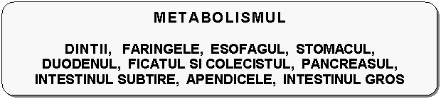 Flowchart: Alternate Process: METABOLISMUL 

DINTII, FARINGELE, ESOFAGUL, STOMACUL,
DUODENUL, FICATUL SI COLECISTUL, PANCREASUL, INTESTINUL SUBTIRE, APENDICELE, INTESTINUL GROS (COLONUL)
 , 
