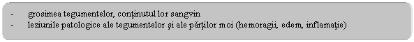 Rounded Rectangle: - grosimea tegumentelor, continutul lor sangvin
- leziunile patologice ale tegumentelor si ale partilor moi (hemoragii, edem, inflamatie)
