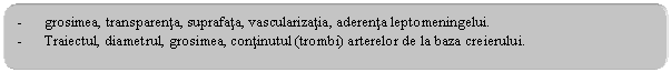 Rounded Rectangle: - grosimea, transparenta, suprafata, vascularizatia, aderenta leptomeningelui.
- Traiectul, diametrul, grosimea, continutul (trombi) arterelor de la baza creierului.
