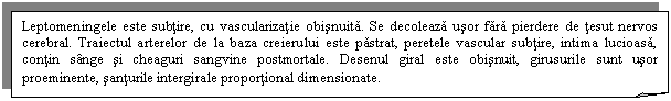 Folded Corner: Leptomeningele este subtire, cu vascularizatie obisnuita. Se decoleaza usor fara pierdere de tesut nervos cerebral. Traiectul arterelor de la baza creierului este pastrat, peretele vascular subtire, intima lucioasa, contin sange si cheaguri sangvine postmortale. Desenul giral este obisnuit, girusurile sunt usor proeminente, santurile intergirale proportional dimensionate.