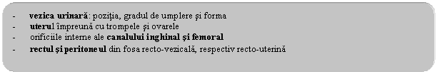 Rounded Rectangle: - vezica urinara: pozitia, gradul de umplere si forma 
- uterul impreuna cu trompele si ovarele
- orificiile interne ale canalului inghinal si femoral
- rectul si peritoneul din fosa recto-vezicala, respectiv recto-uterina
