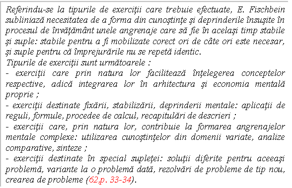 Text Box: Referindu-se la tipurile de exercitii care trebuie efectuate, E. Fischbein subliniaza necesitatea de a forma din cunostinte si deprinderile insusite in procesul de invatamant unele angrenaje care sa fie in acelasi timp stabile si suple: stabile pentru a fi mobilizate corect ori de cate ori este necesar, si suple pentru ca imprejurarile nu se repeta identic.
Tipurile de exercitii sunt urmatoarele : 
- exercitii care prin natura lor faciliteaza intelegerea conceptelor respective, adica integrarea lor in arhitectura si economia mentala proprie ;
- exercitii destinate fixarii, stabilizarii, deprinderii mentale: aplicatii de reguli, formule, procedee de calcul, recapitulari de descrieri ;
- exercitii care, prin natura lor, contribuie la formarea angrenajelor mentale complexe: utilizarea cunostintelor din domenii variate, analize comparative, sinteze ;
- exercitii destinate in special supletei: solutii diferite pentru aceeasi problema, variante la o problema data, rezolvari de probleme de tip nou, crearea de probleme (62,p. 33-34).
