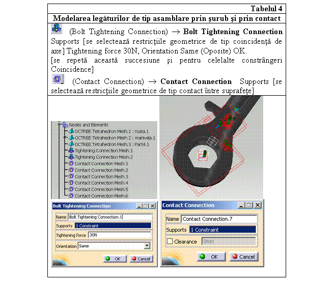 Text Box: Tabelul 4
Modelarea legaturilor de tip asamblare prin surub si prin contact
 (Bolt Tightening Connection)  Bolt Tightening Connection Supports [se selecteaza restrictiile geometrice de tip coincidenta de axe] Tightening force 30N, Orientation Same (Oposite) OK. 
[se repeta aceasta succesiune si pentru celelalte constrangeri Coincidence]
 (Contact Connection)  Contact Connection Supports [se selecteaza restrictiile geometrice de tip contact intre suprafete]
 
 


