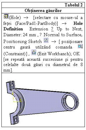 Text Box: Tabelul 2
Obtinerea gaurilor 
 (Hole)   [selectare cu mouse-ul a fetei (Face/Pad1-PartBody)]   Hole Definition  Extension ↓ Up to Next, Diameter: 24 mm , ◙ Normal to Surface, Positioning Sketch      [ pozitionare centru gaura utilzand comanda   (Constraint)] ,   (Exit Workbanch); OK 
[se repeata aceasta succesiune si pentru celelalte doua gauri cu diametrul de 8 mm].
   

