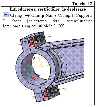 Text Box: Tabelul 12
Introducerea restrictiilor de deplasare
 (Clamp)  Clamp Name Clamp.1, Supports 2 Faces [selectarea fetei semicilindrice interioare a capacului bielei], OK
 

