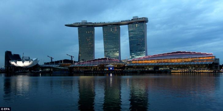 The resort from across the bay. The three towers were based on a deck of cards, according to designer Moshe Safdie